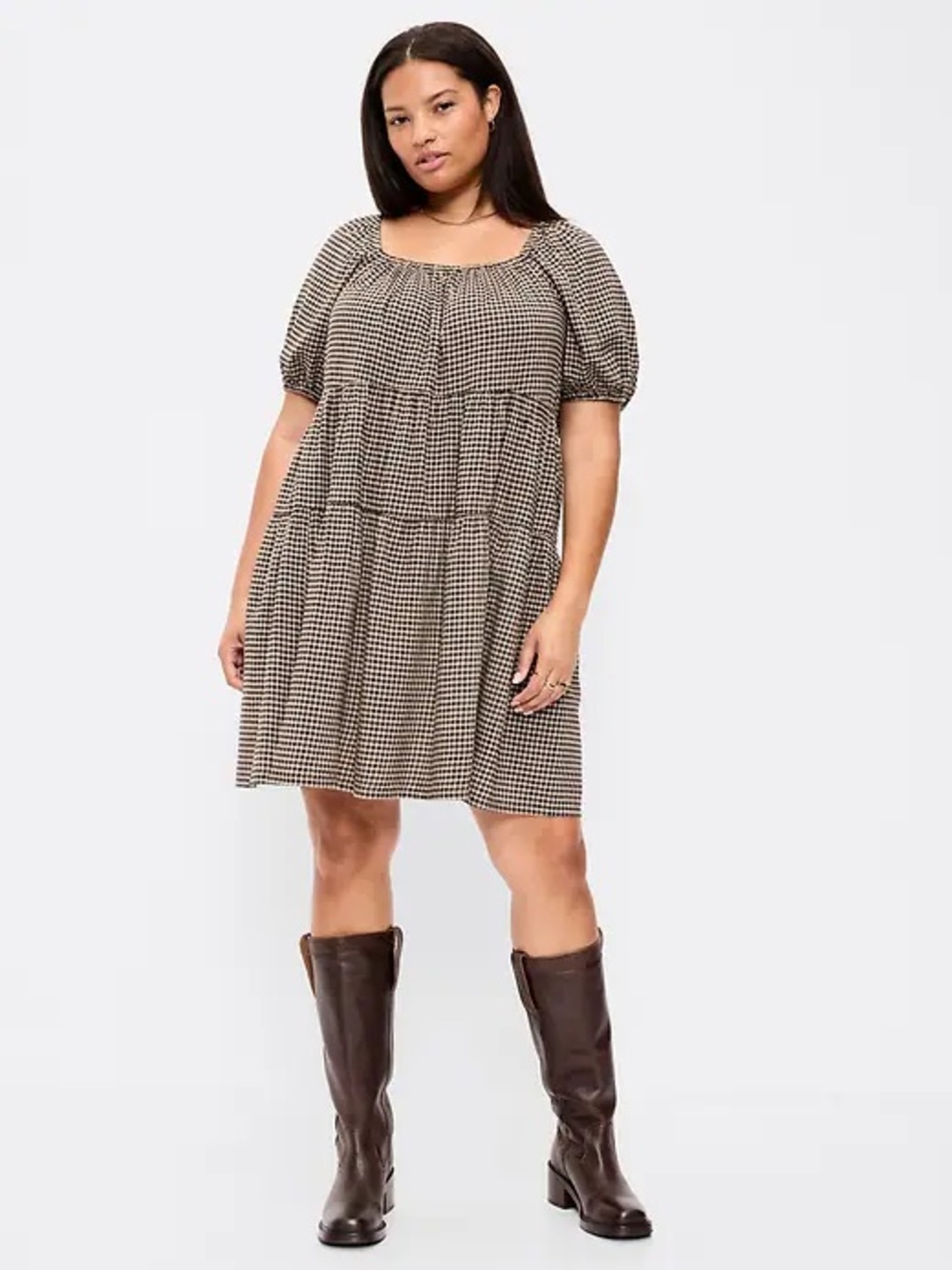 NWT Old Navy Black & Tan Cream Gingham Puff Sleeve Dress XL